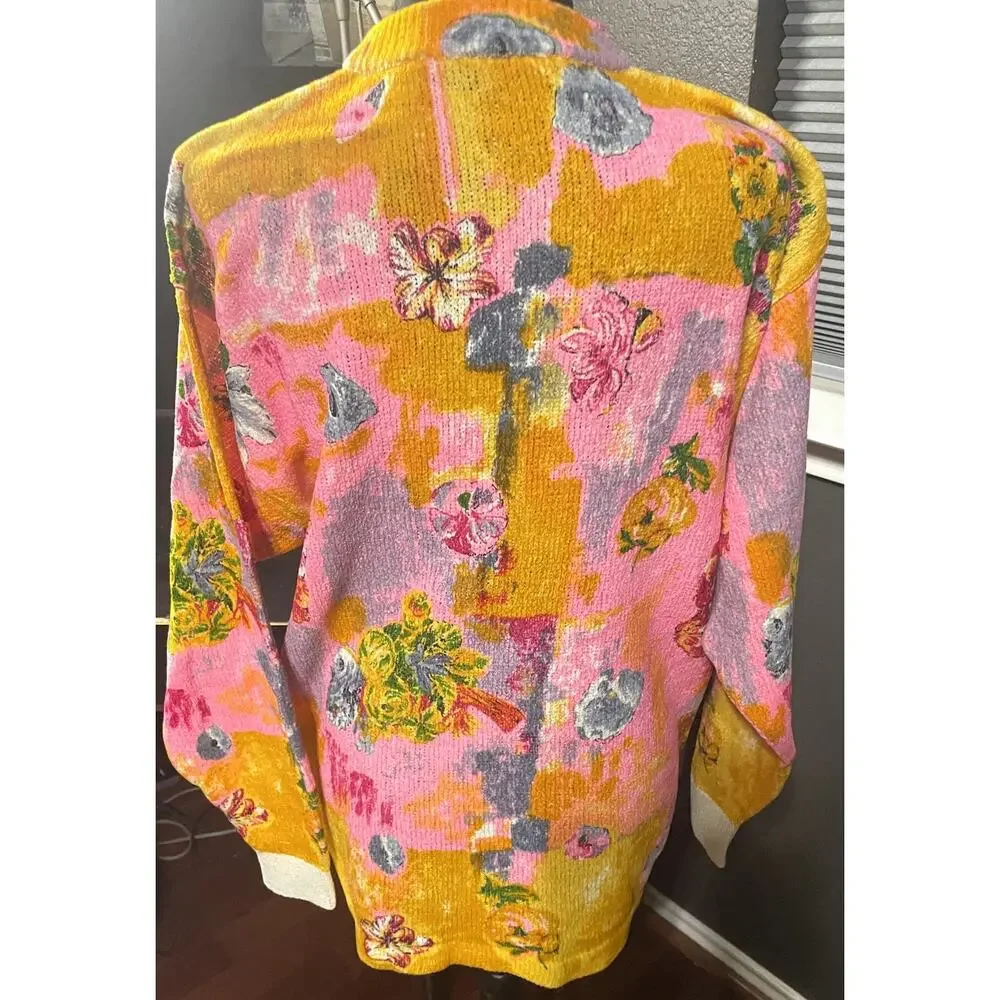 VTG 90s Kenzo Golf Intarsia Knit Sweater Floral Spellout Pink Orange Neon size 2